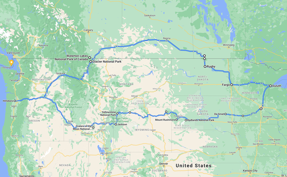 4300 mile Oregon to Minnesota Road Trip map | Ok Which Way